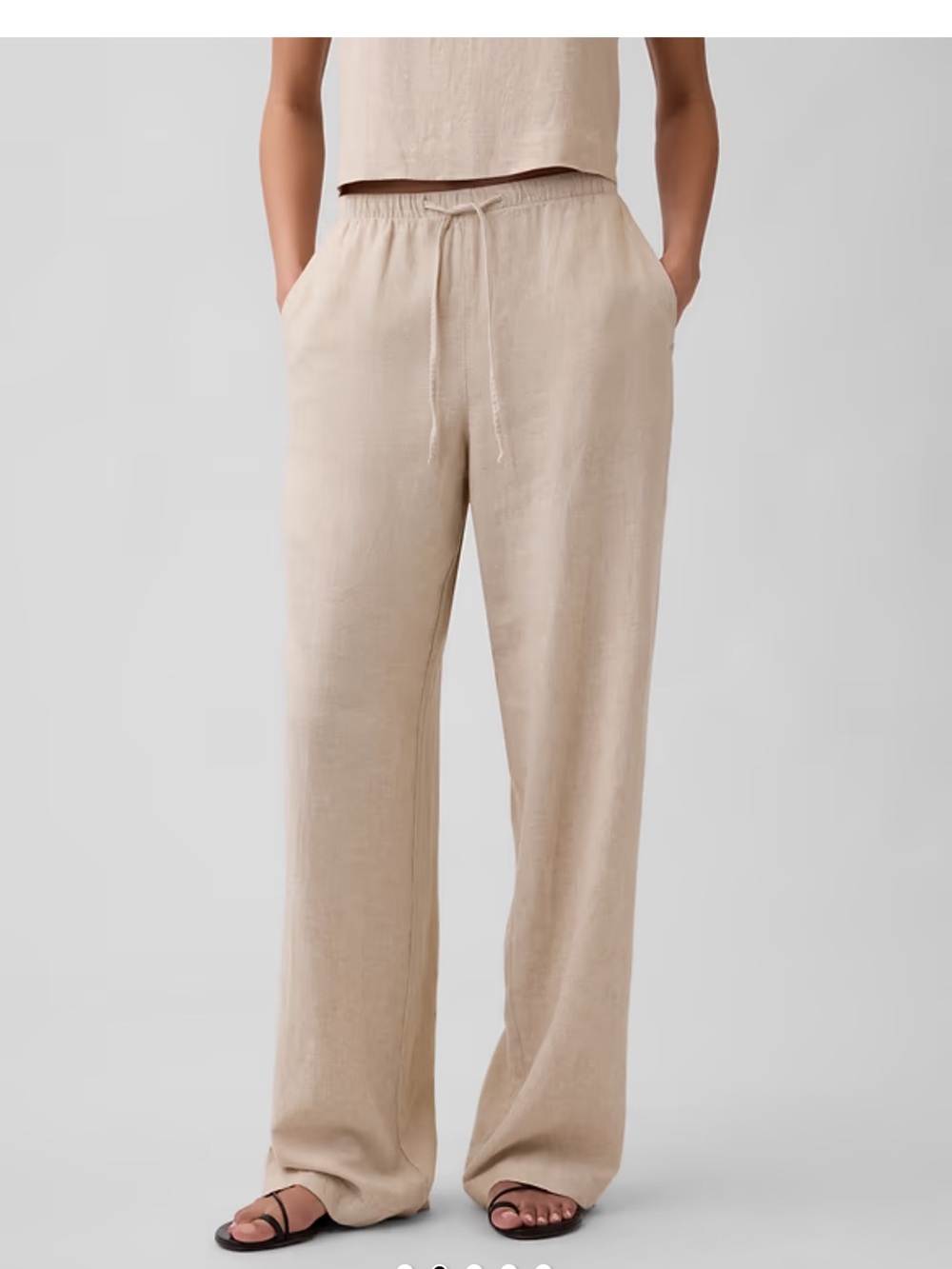 Beige Drawstring Wide-Leg Linen Pants - Picture 2 of 3